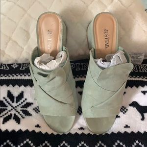 Mint green slip on wedges